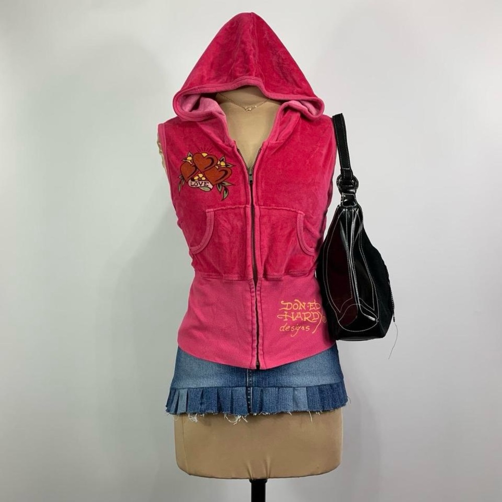 Y2K Ed Hardy “Love” Pink Velour Hoodie Vest